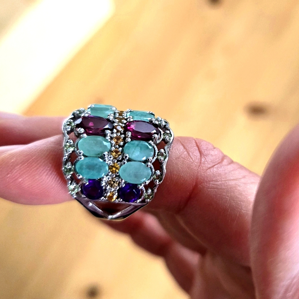 Natural Rhodolite 7x5mm,‎ Amethyst, Emerald 925 Sterling Silver Ring  Sz 8.5 - Picture 6 of 8